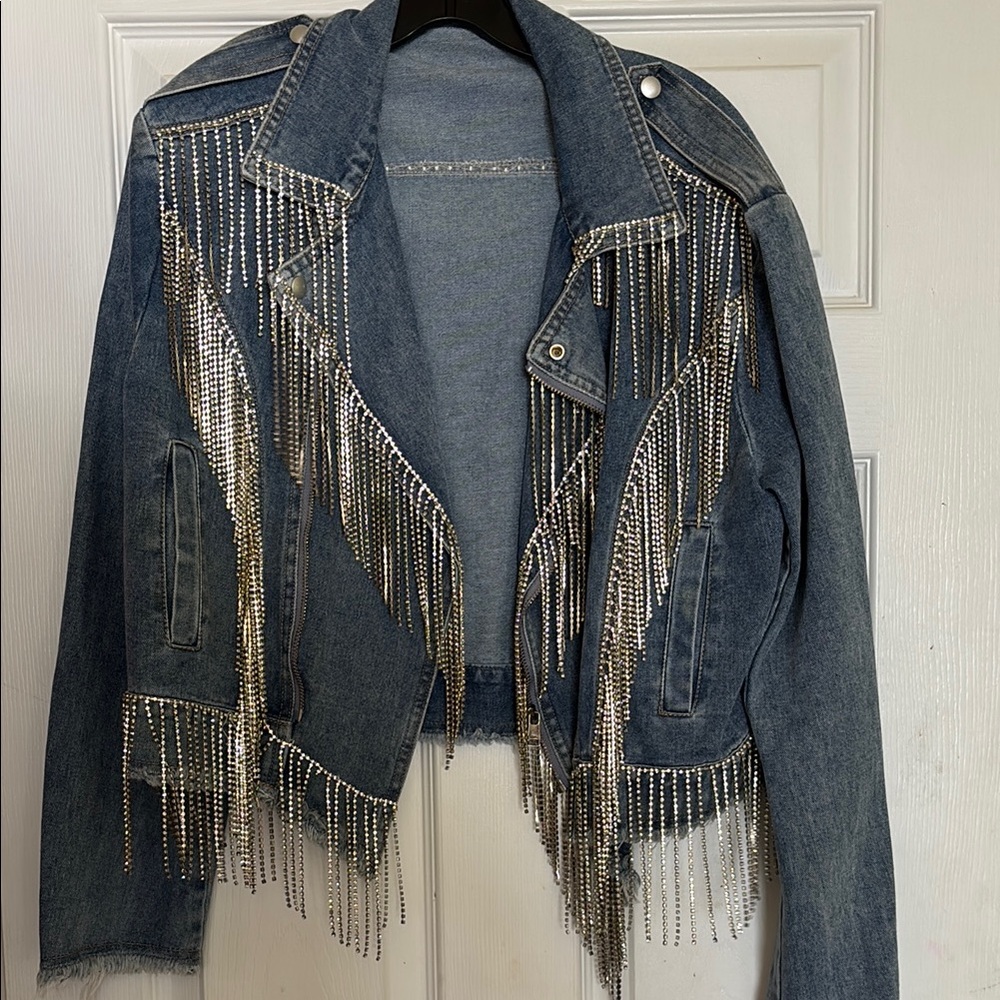 Blue Jean Jacket with Silver Fringe and Cropped Style